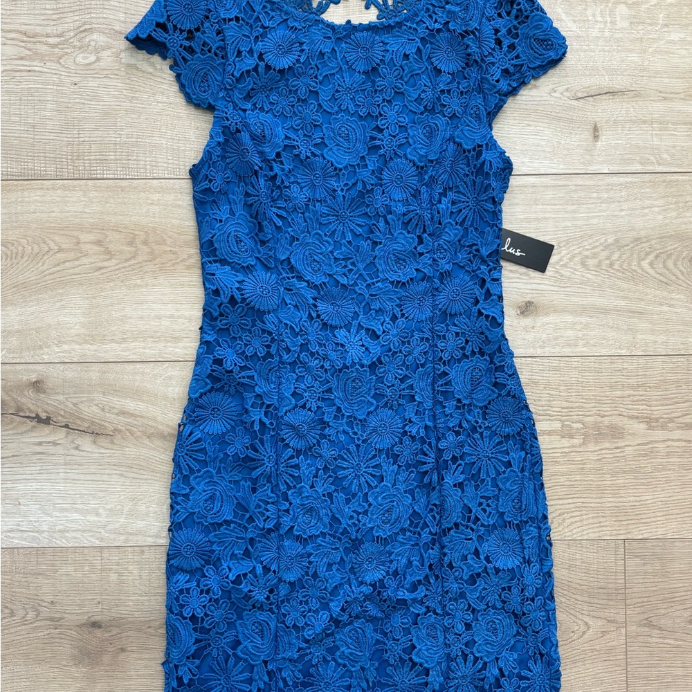 NWT Lulus Sapphire Blue Cocktail Dress Wedding Guest Open Back Lace Bodycon Mini